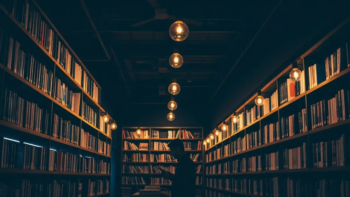 A lone reader browsing tall bookshelves in a dimly lit library with hanging bulbs