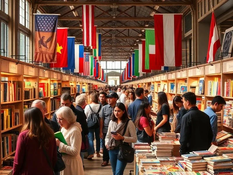 Crowded international book fair hall decorated with flags from many countries