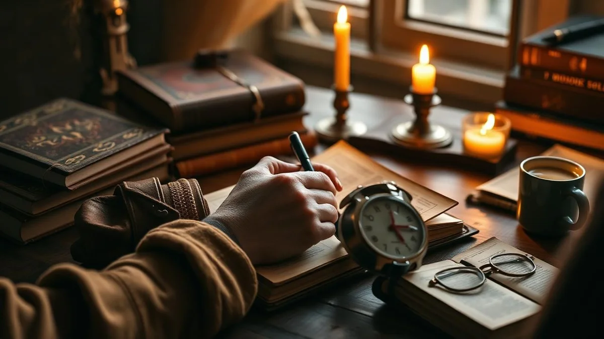 A writer’s hand with a pen over an open notebook on a candlelit wooden desk