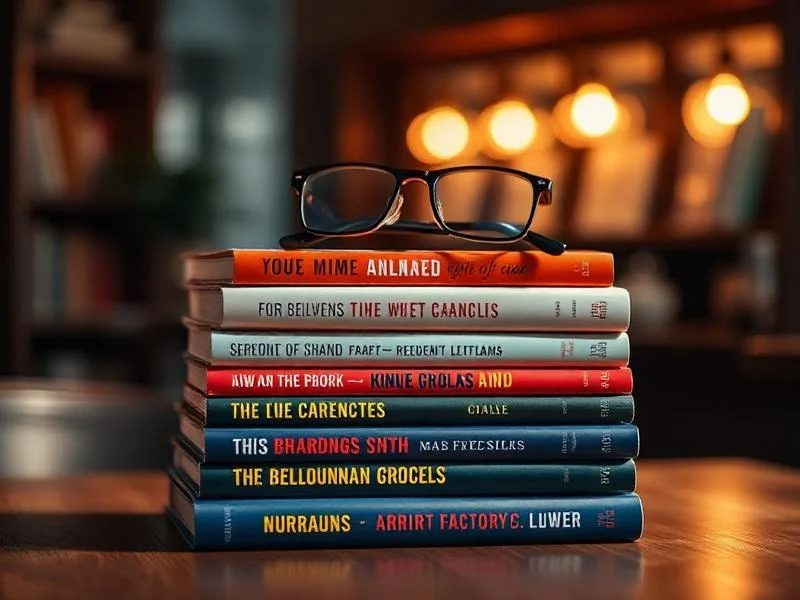A stack of hardback books topped with a pair of reading glasses