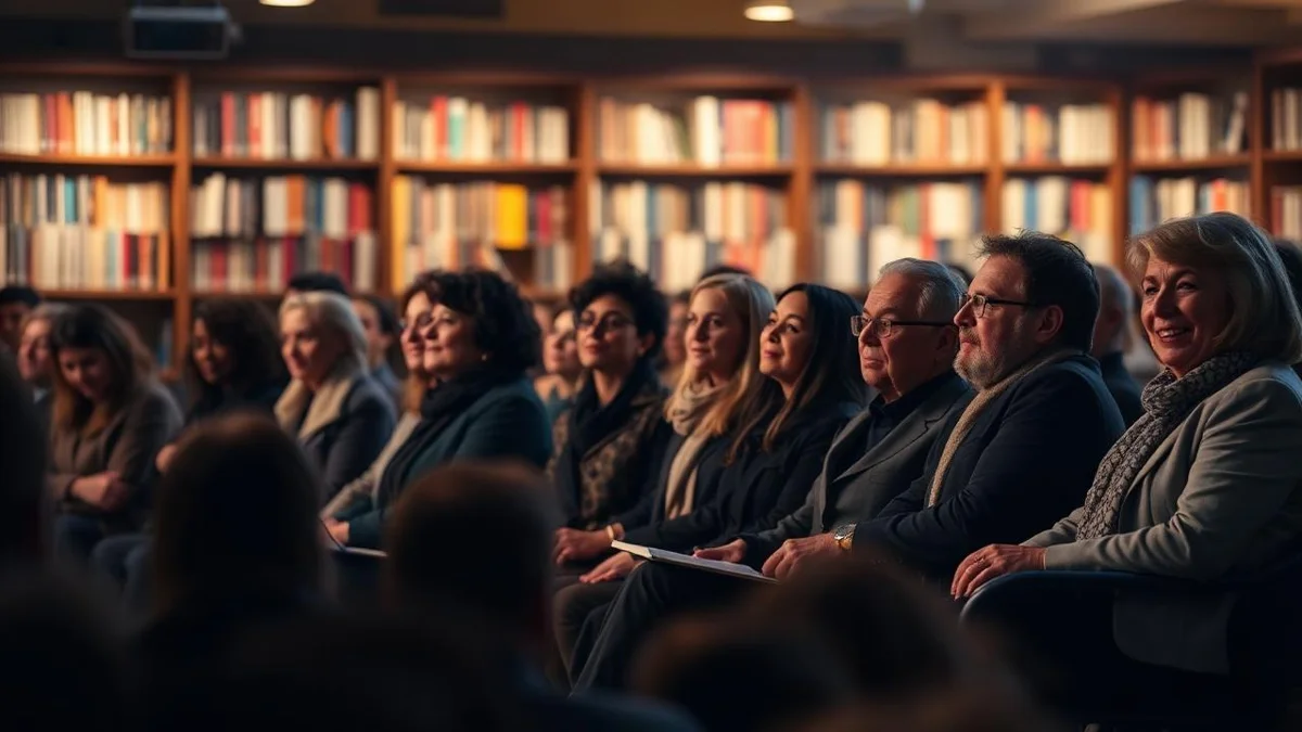 An attentive audience seated in front of bookshelves at a literary event