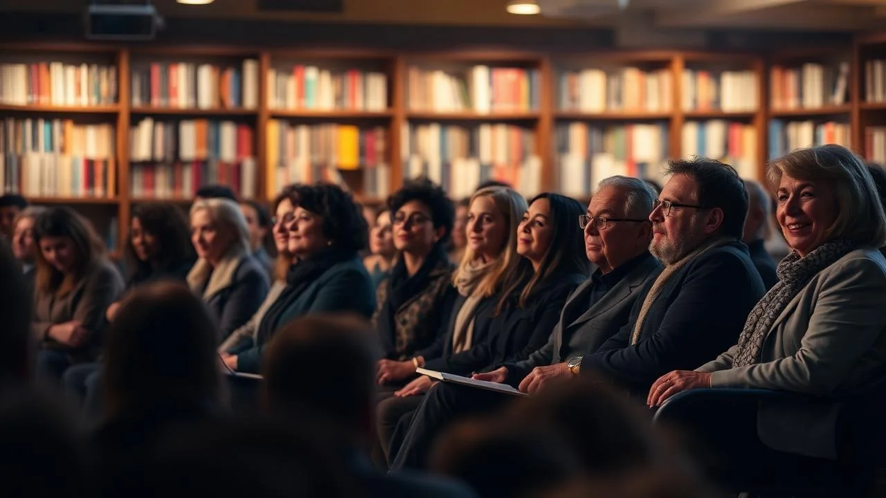 Readers gathered in a book-lined room for a literary conversation